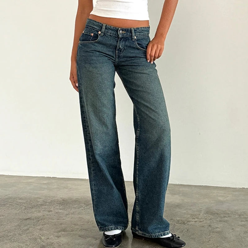 Women Y2K Wide Leg Denim Pants Baggy Low Waist Boyfriend Jeans Casual Vintage Loose Fit Jeans Trousers Cyber Grunge Streetwear
