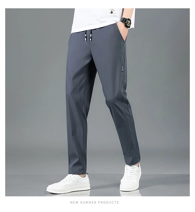 Ice Silk Men's Pants 2025 Summer New Black Gray Thin Business Casual Pants Outdoor Elastic Breathable Straight Leg Sweatpants