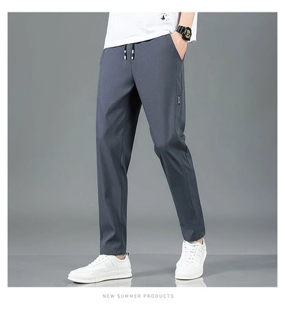 Ice Silk Men's Pants 2025 Summer New Black Gray Thin Business Casual Pants Outdoor Elastic Breathable Straight Leg Sweatpants