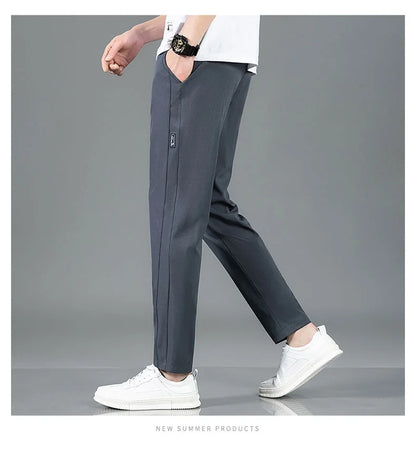 Ice Silk Men's Pants 2025 Summer New Black Gray Thin Business Casual Pants Outdoor Elastic Breathable Straight Leg Sweatpants
