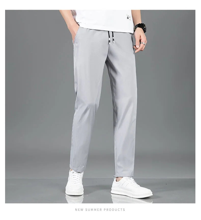 Ice Silk Men's Pants 2025 Summer New Black Gray Thin Business Casual Pants Outdoor Elastic Breathable Straight Leg Sweatpants