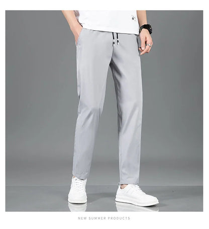 Ice Silk Men's Pants 2025 Summer New Black Gray Thin Business Casual Pants Outdoor Elastic Breathable Straight Leg Sweatpants