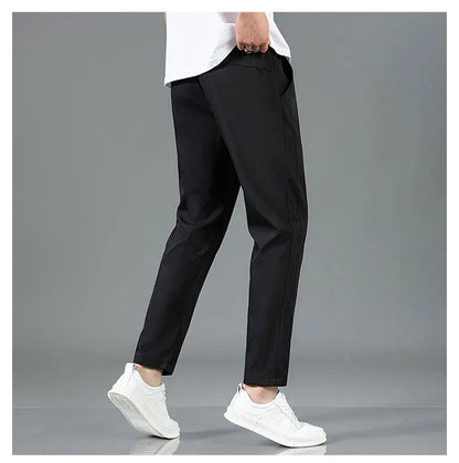 Ice Silk Men's Pants 2025 Summer New Black Gray Thin Business Casual Pants Outdoor Elastic Breathable Straight Leg Sweatpants