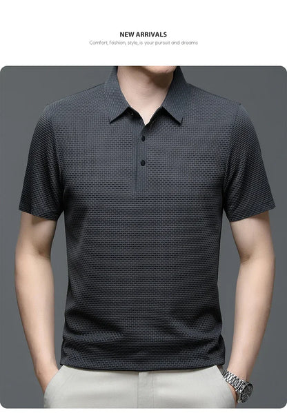 Summer New Men's Lop-up Hollow Short-sleeved Polo Tee Shirt Ice Silk Breathable Business Fashion T-Shirt Male Brand Clothes
