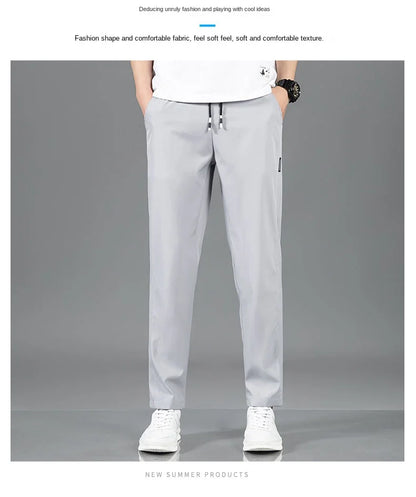 Ice Silk Men's Pants 2025 Summer New Black Gray Thin Business Casual Pants Outdoor Elastic Breathable Straight Leg Sweatpants