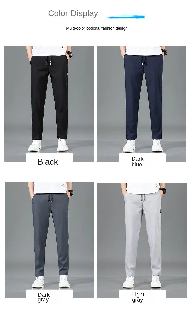 Ice Silk Men's Pants 2025 Summer New Black Gray Thin Business Casual Pants Outdoor Elastic Breathable Straight Leg Sweatpants