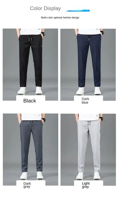 Ice Silk Men's Pants 2025 Summer New Black Gray Thin Business Casual Pants Outdoor Elastic Breathable Straight Leg Sweatpants