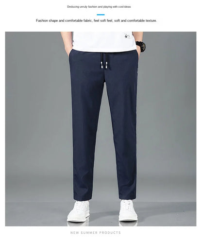 Ice Silk Men's Pants 2025 Summer New Black Gray Thin Business Casual Pants Outdoor Elastic Breathable Straight Leg Sweatpants