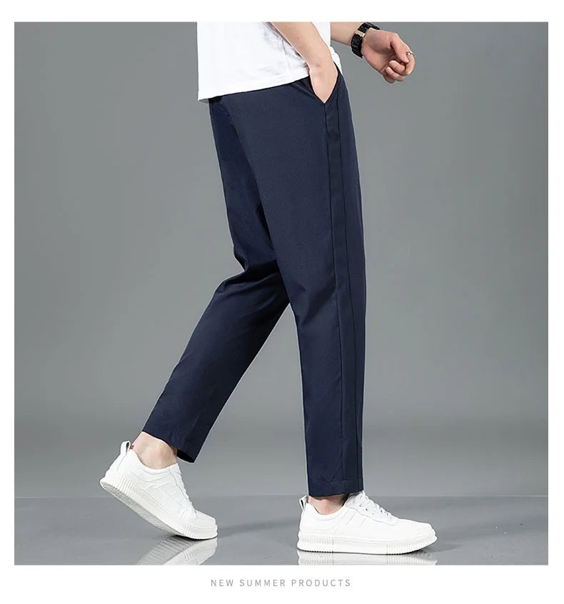 Ice Silk Men's Pants 2025 Summer New Black Gray Thin Business Casual Pants Outdoor Elastic Breathable Straight Leg Sweatpants