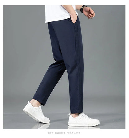 Ice Silk Men's Pants 2025 Summer New Black Gray Thin Business Casual Pants Outdoor Elastic Breathable Straight Leg Sweatpants