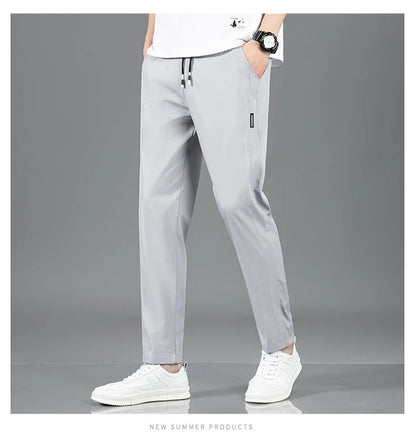 Ice Silk Men's Pants 2025 Summer New Black Gray Thin Business Casual Pants Outdoor Elastic Breathable Straight Leg Sweatpants