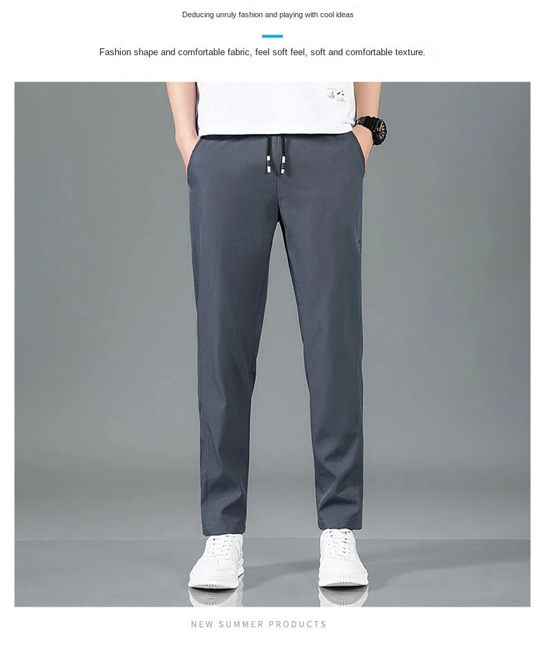 Ice Silk Men's Pants 2025 Summer New Black Gray Thin Business Casual Pants Outdoor Elastic Breathable Straight Leg Sweatpants