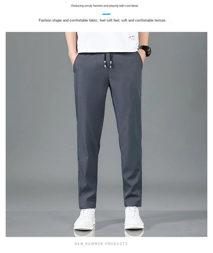 Ice Silk Men's Pants 2025 Summer New Black Gray Thin Business Casual Pants Outdoor Elastic Breathable Straight Leg Sweatpants