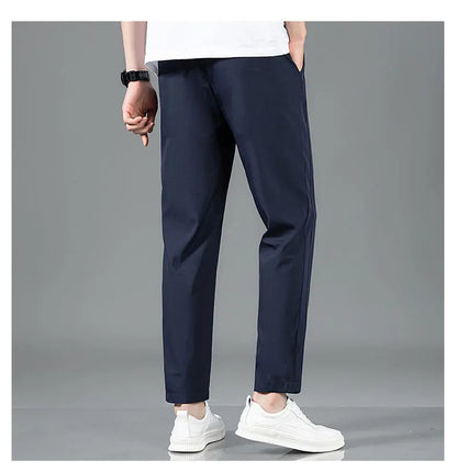 Ice Silk Men's Pants 2025 Summer New Black Gray Thin Business Casual Pants Outdoor Elastic Breathable Straight Leg Sweatpants