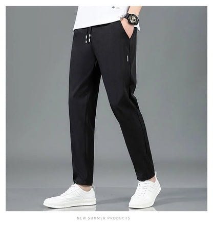 Ice Silk Men's Pants 2025 Summer New Black Gray Thin Business Casual Pants Outdoor Elastic Breathable Straight Leg Sweatpants