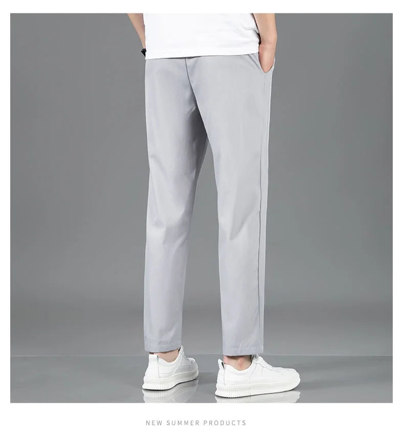 Ice Silk Men's Pants 2025 Summer New Black Gray Thin Business Casual Pants Outdoor Elastic Breathable Straight Leg Sweatpants