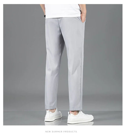 Ice Silk Men's Pants 2025 Summer New Black Gray Thin Business Casual Pants Outdoor Elastic Breathable Straight Leg Sweatpants