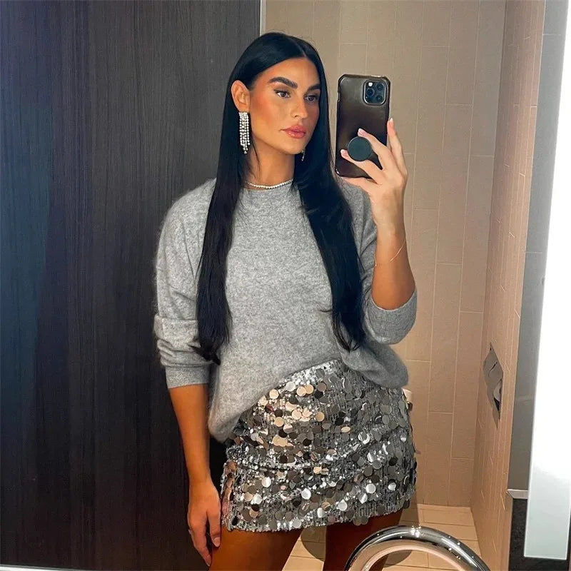 Silver Sequin Skirt Woman High Waist Mini Skirt Woman Fashion Shiny Glitter Elegant Short Skirts For Women Y2k Skirts