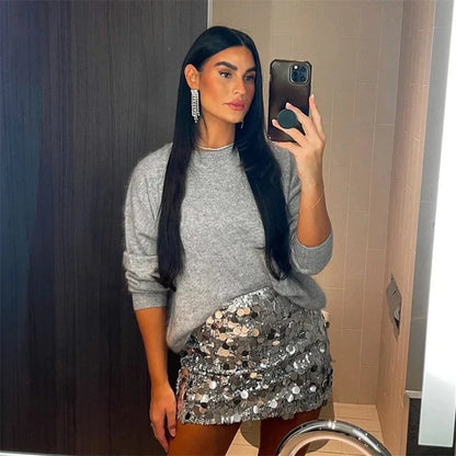 Silver Sequin Skirt Woman High Waist Mini Skirt Woman Fashion Shiny Glitter Elegant Short Skirts For Women Y2k Skirts