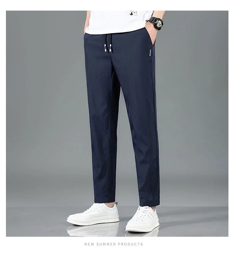 Ice Silk Men's Pants 2025 Summer New Black Gray Thin Business Casual Pants Outdoor Elastic Breathable Straight Leg Sweatpants